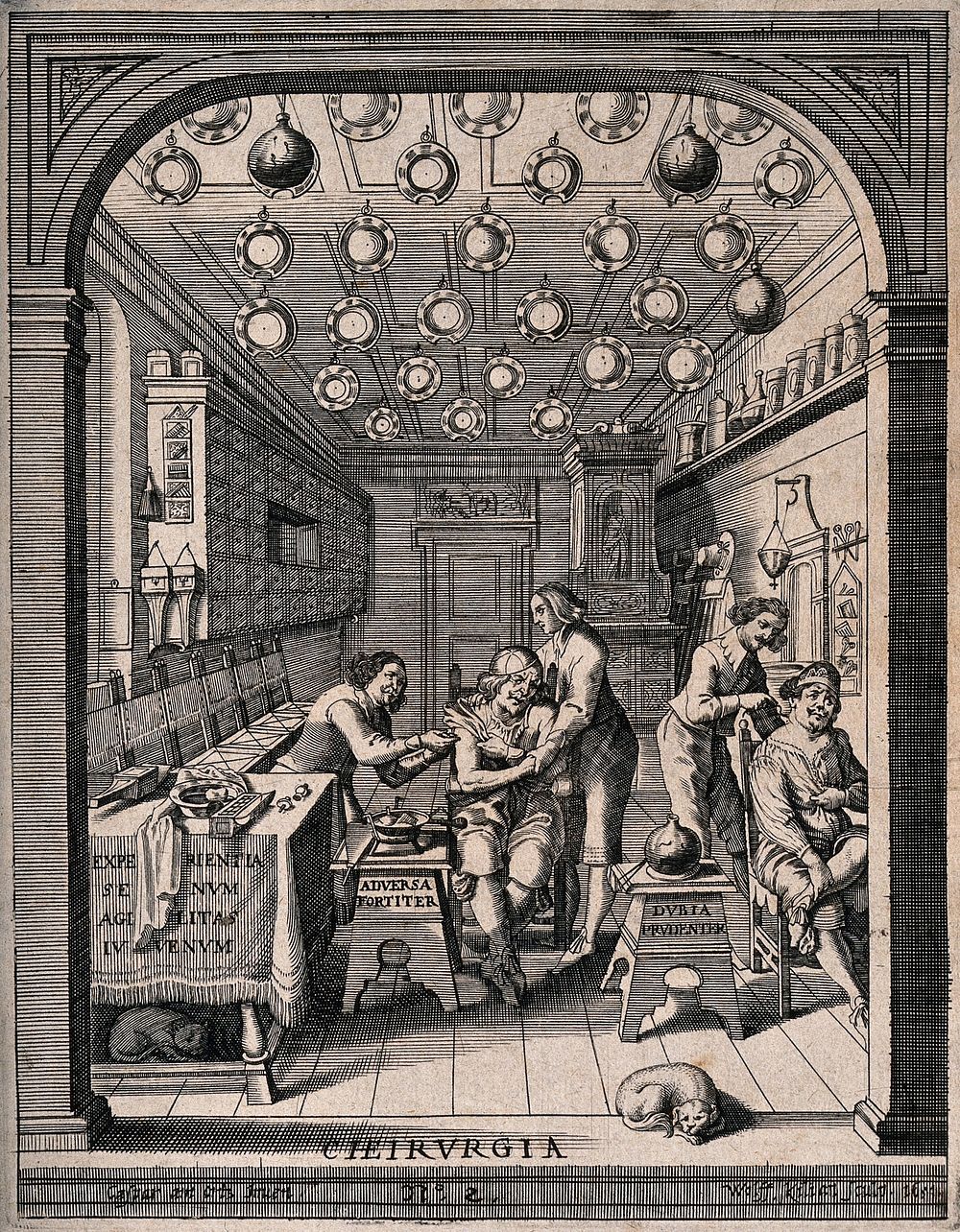 Two surgeons treating two seated male patients in a surgery, many surgeons' dishes are hanging from the ceiling. Line…