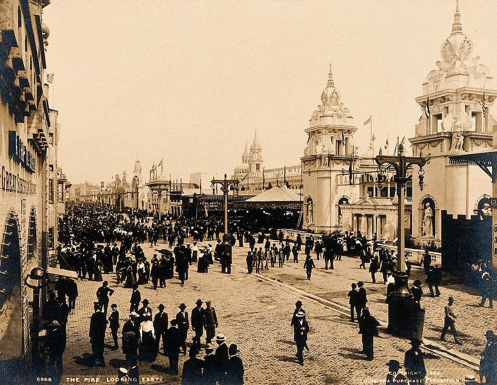 The 1904 World's Fair, St. Louis, Missouri: the baby incubators building (right) on the Pike (an avenue of amusements)…