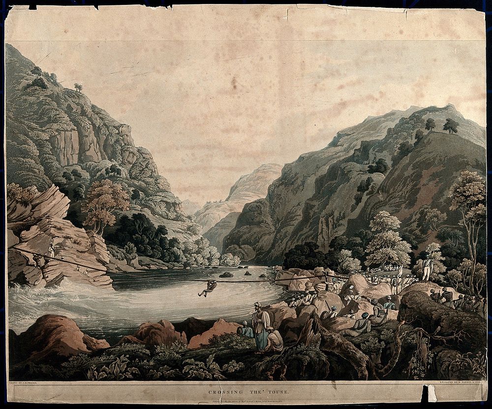 People crossing the river Tons by rope bridge, Himalaya mountains, India. Coloured aquatint by Robert Havell, 1820, after…