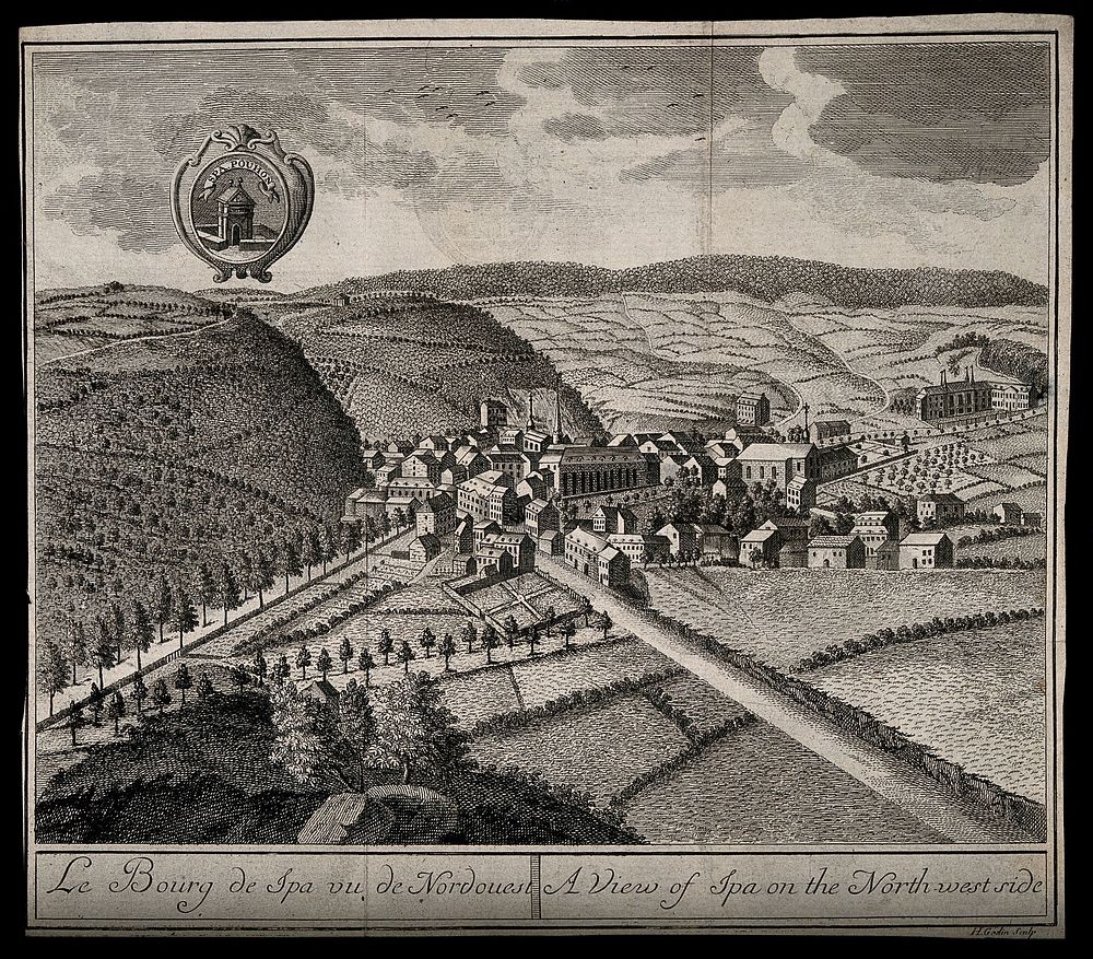 Spa, Belgium: panoramic view of the town from the north-west. Etching by H.J. Godin after A. Le Loup.