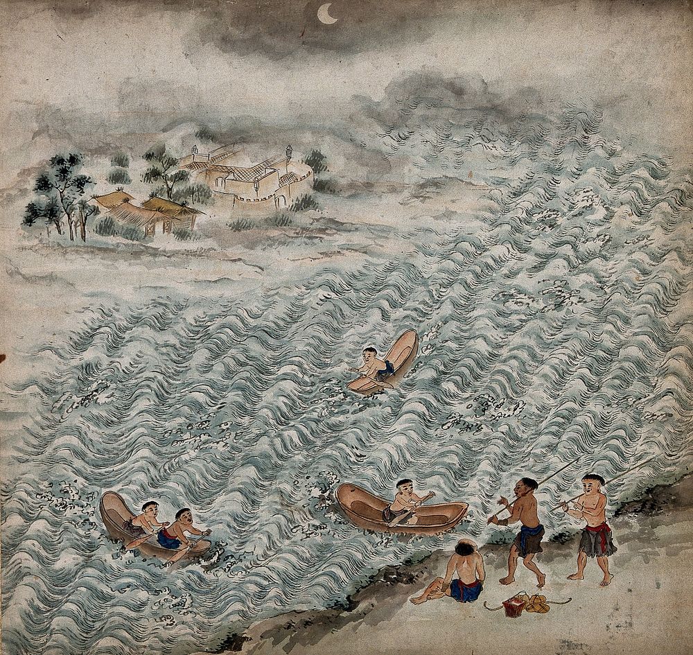 Formosan tribal peoples boating on a lake. Painting by a Taiwanese artist from around 1850.