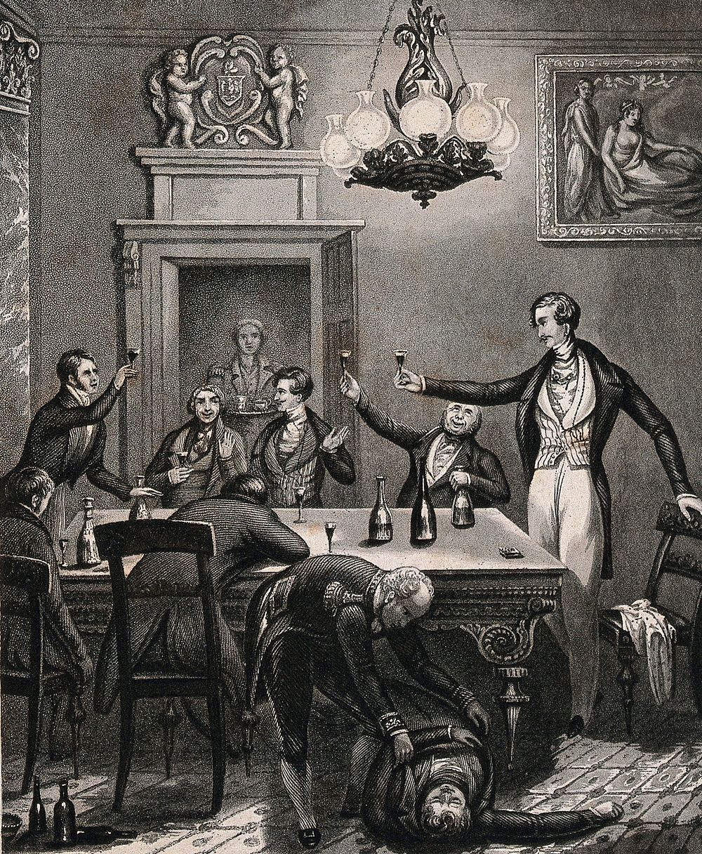 A drunken party for friends of a nobleman who has inherited a large estate. Aquatint after H. Dawe, 184-.