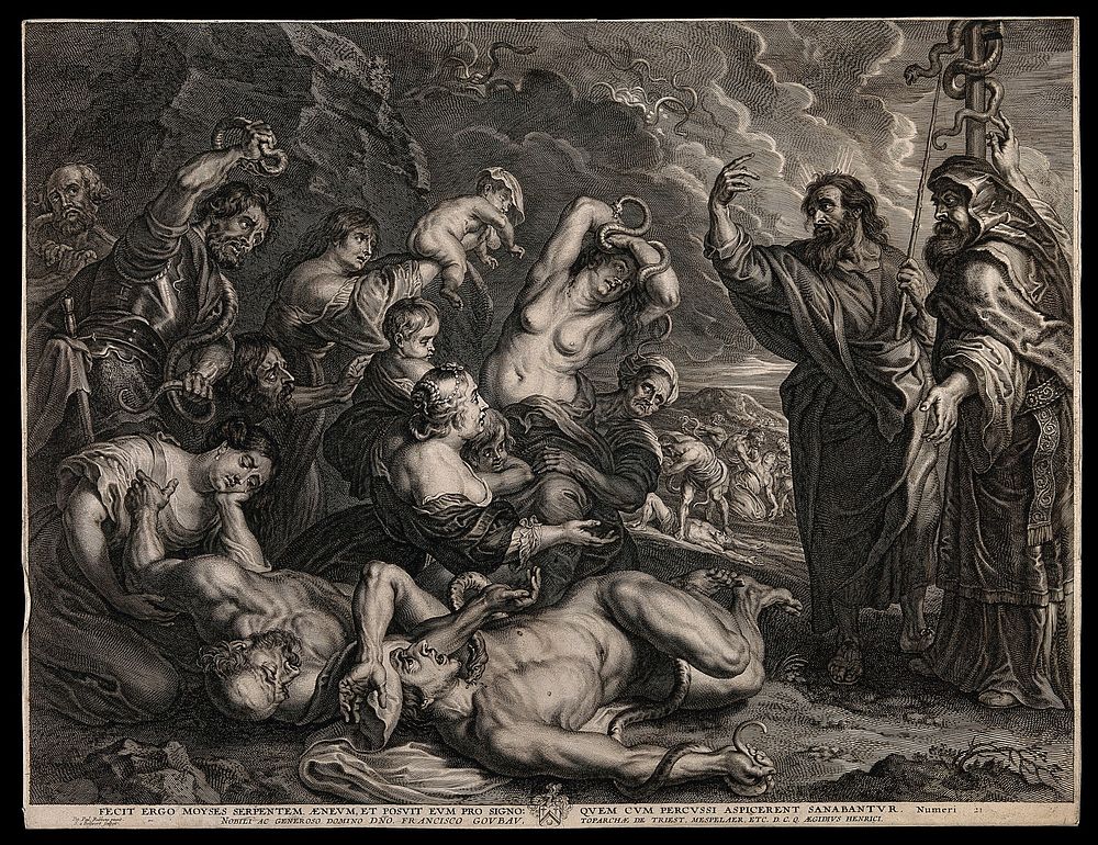 Moses and Eleazar show the brazen serpent before the writhing multitude afflicted with snake-bites. Engraving by S. à…