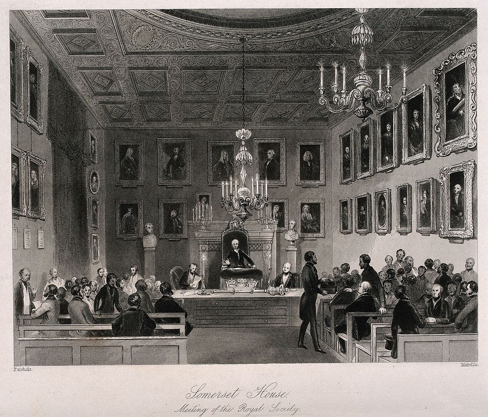 A meeting of the Royal Society at Somerset House in the Strand. Engraving by H. S. Melville, 1844, after F. W. Fairholt…