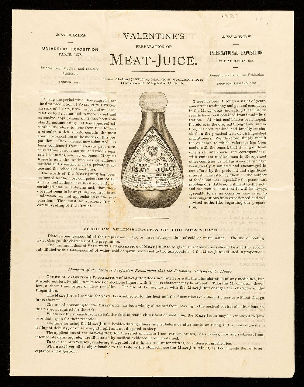 Valentine's preparation of Meat-Juice : established (1871) by Manns Valentine, Richmond, Virginia, U.S.A. / Valentine's Meat…