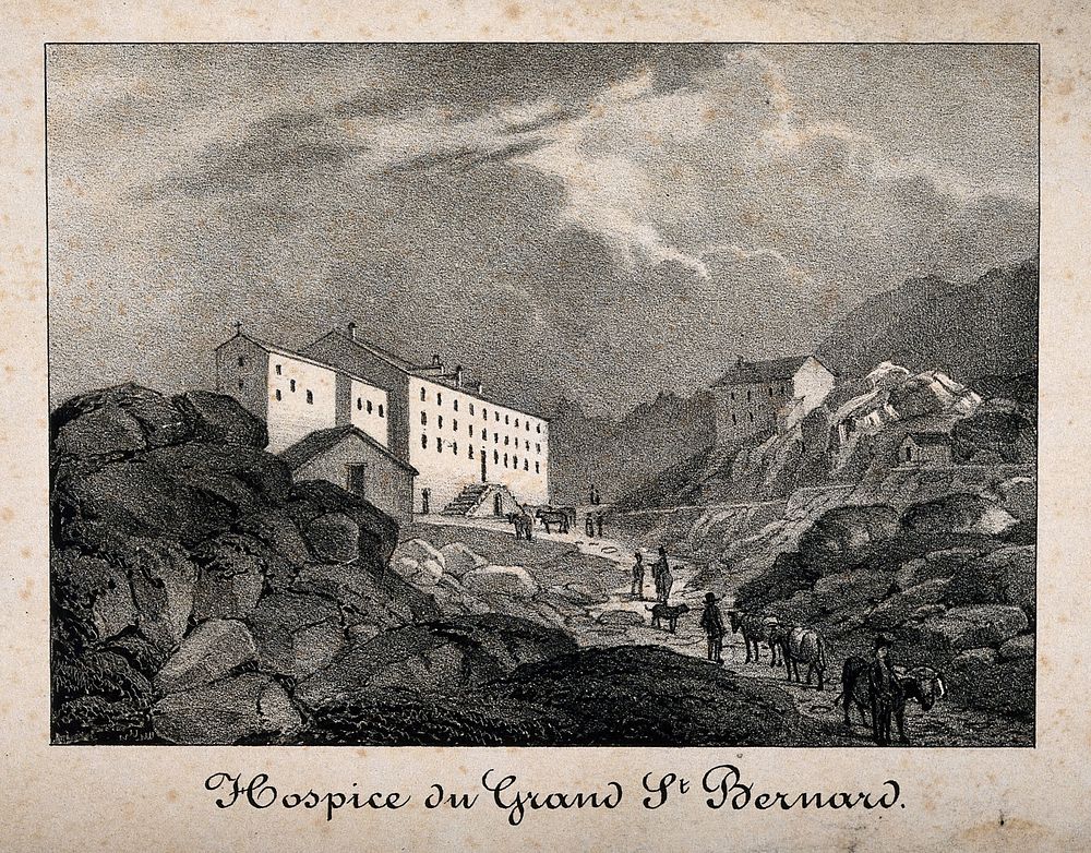 Convent of the Great St. Bernard, Switzerland/Italy border. Lithograph.