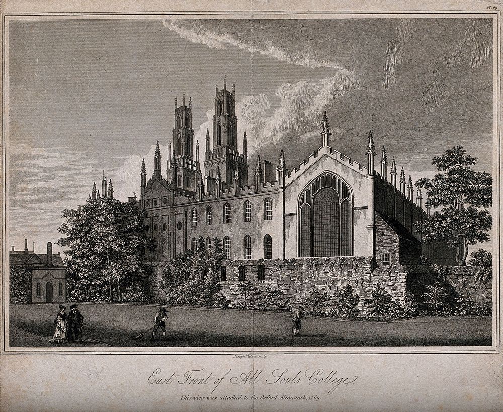 All Souls College, Oxford. Line engraving by J. Skelton, 1796.
