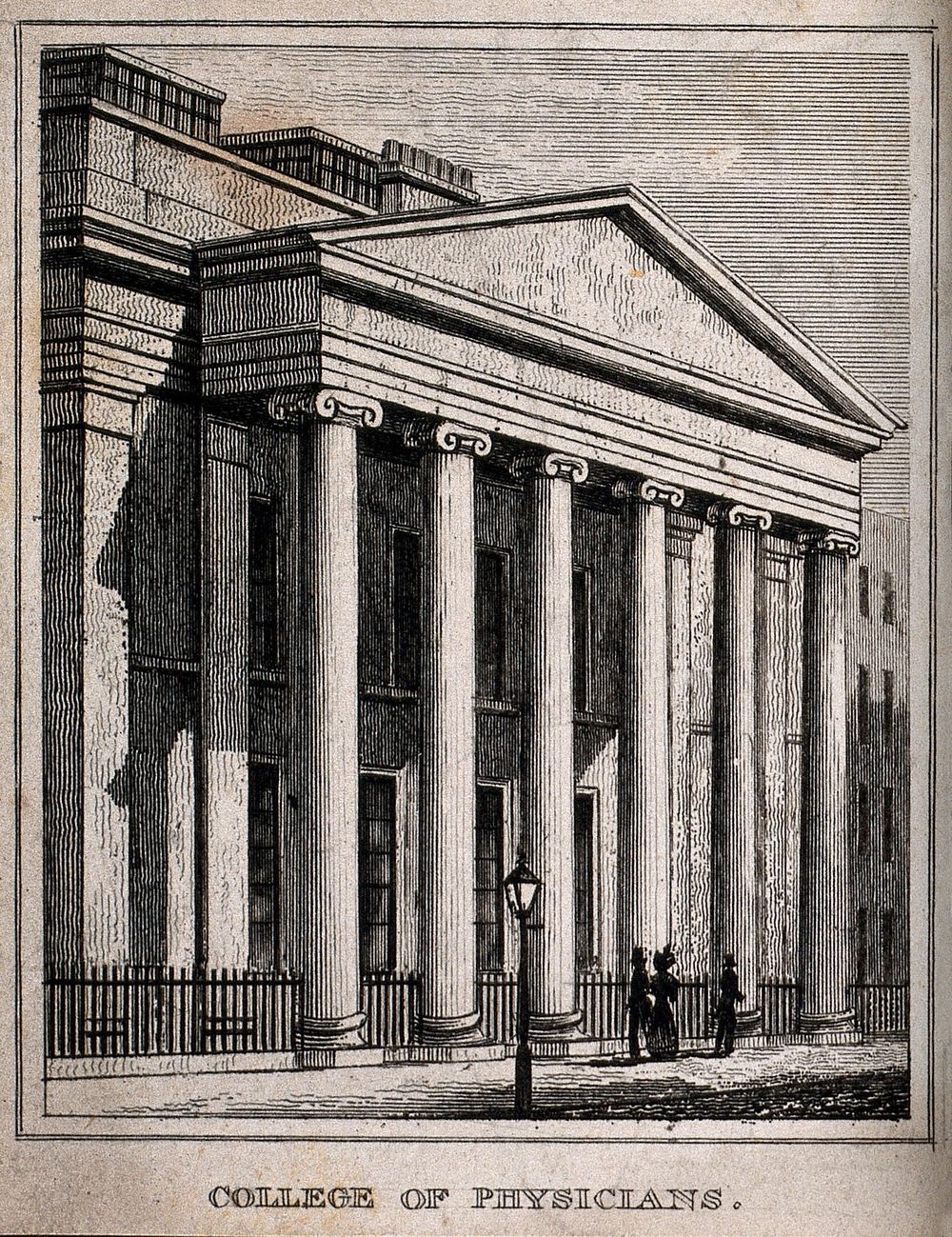 The Royal College of Physicians, Trafalgar Square: the portico. Engraving.
