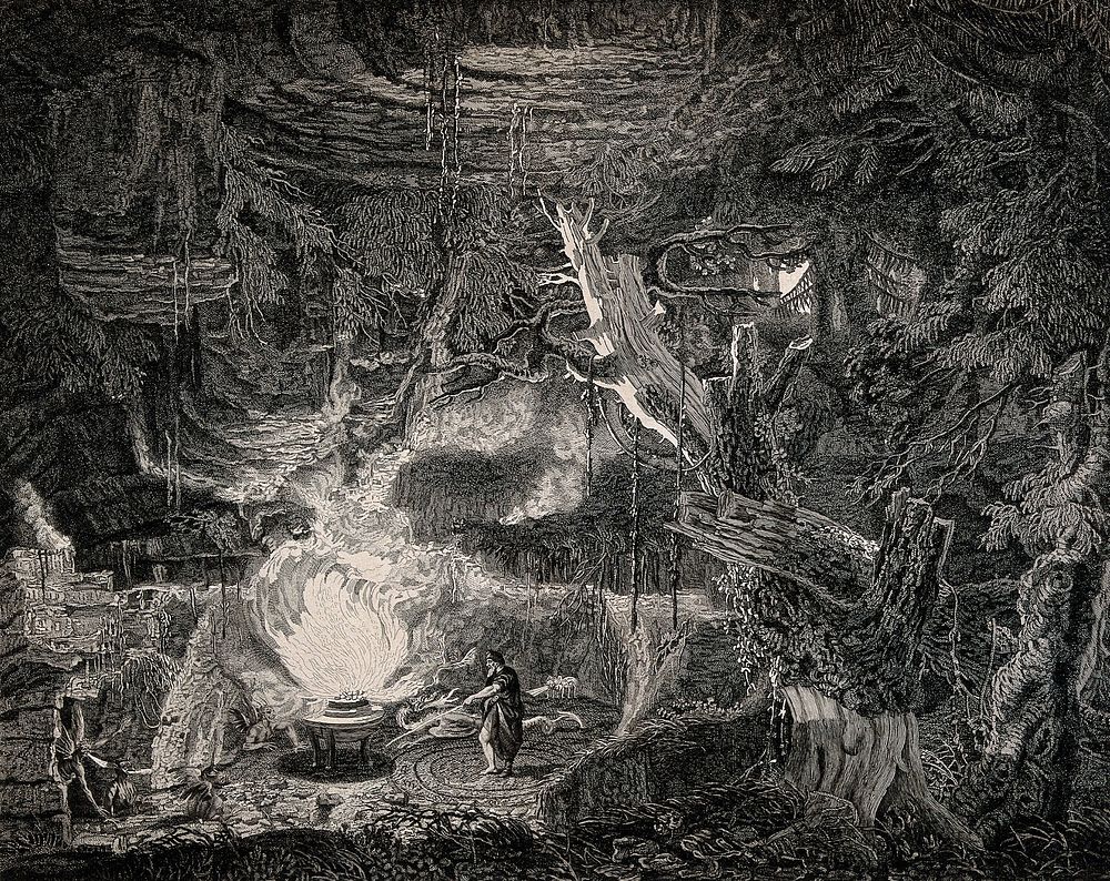 A wizard casting spells from his magic circle by the light of his cauldron surrounded by creatures. Engraving by J. Wood…