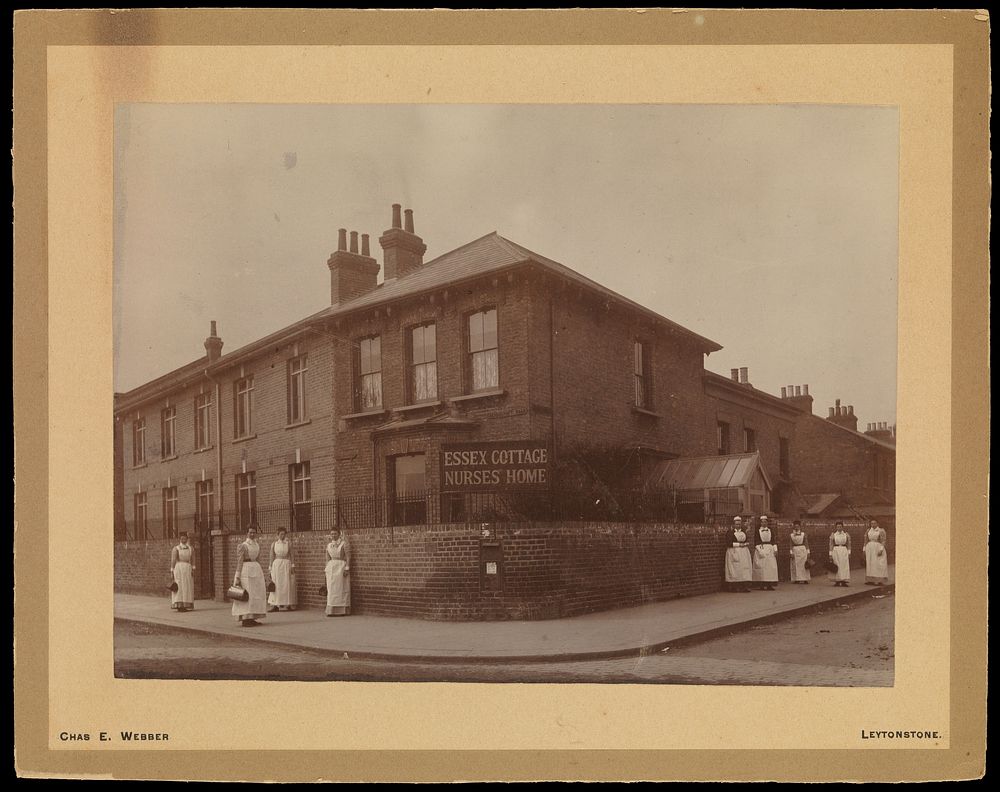Queen's District Training Home, Essex County Training Home, Leytonstone: nurses standing outside the home. Photograph by…