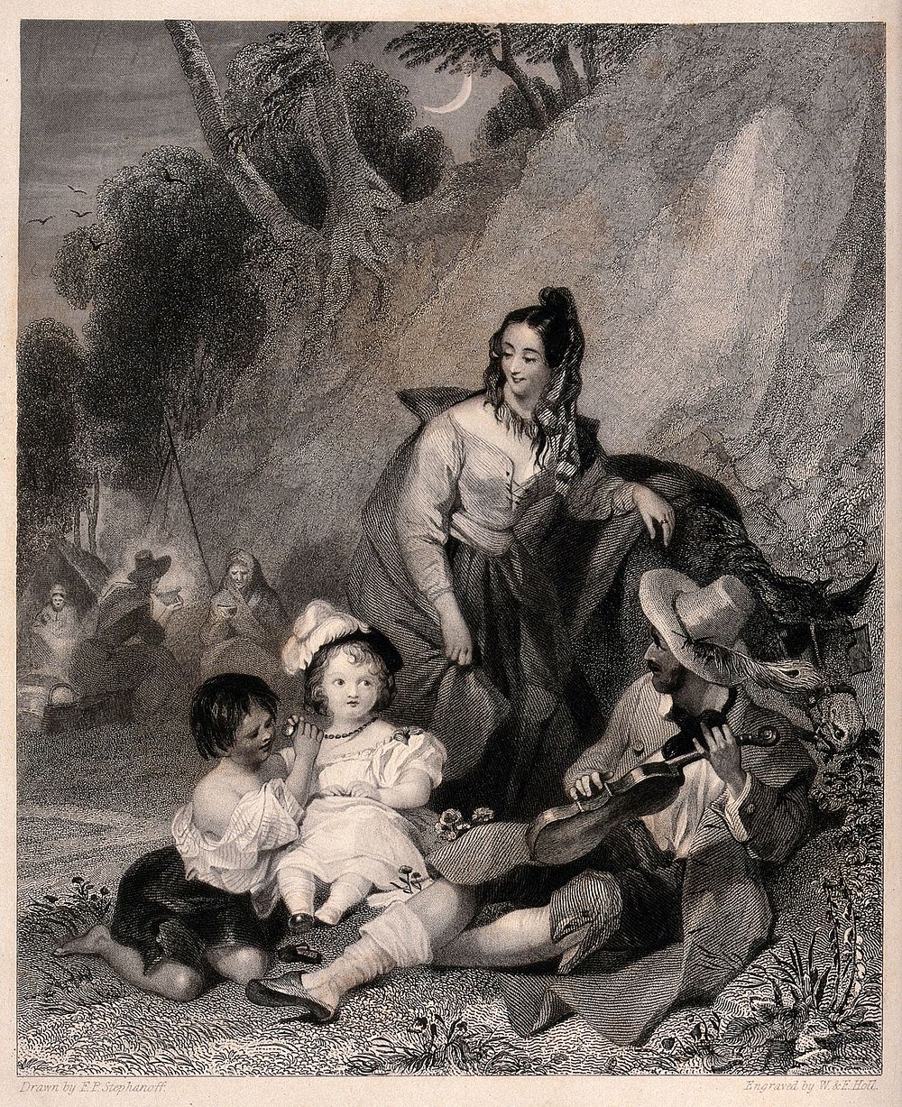 A family of gypsies sit in their camp with a child they have stolen. Engraving by W. & F. Holl, 1840, after F.P. Stephanoff.