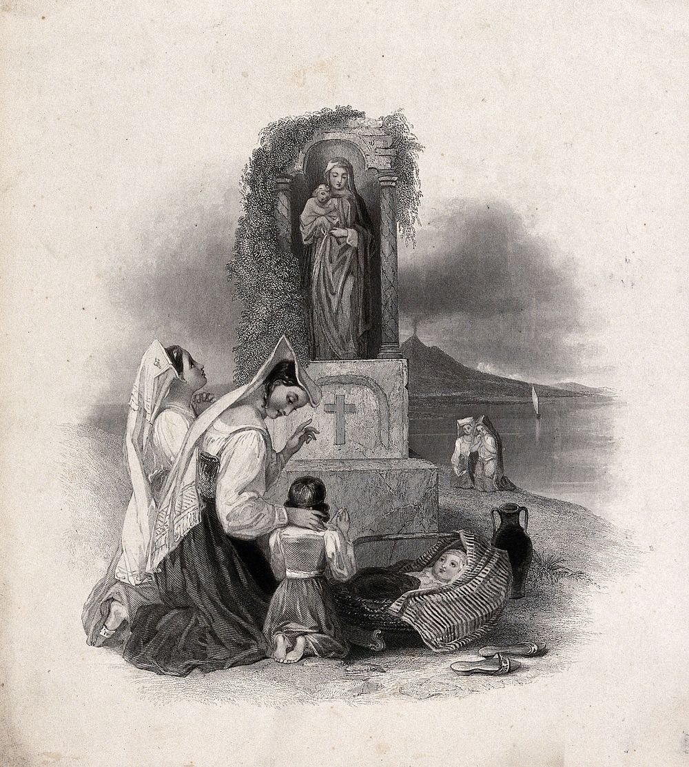 Women with their children praying in front of a tabernacle, in the background is Vesuvius []. Engraving.