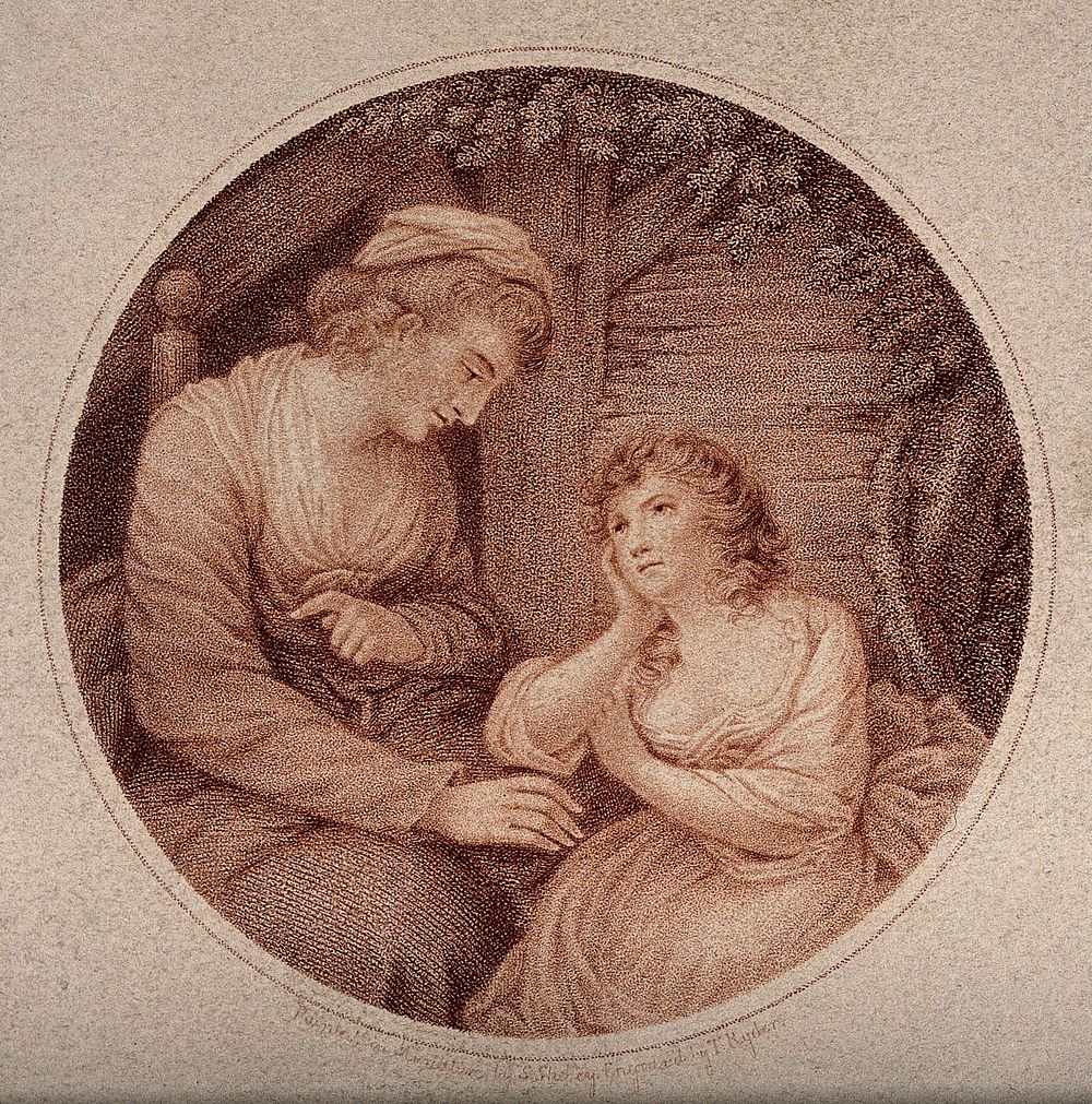 A mother telling her daughter a mournful tale. Stipple engraving by S. Shelley.