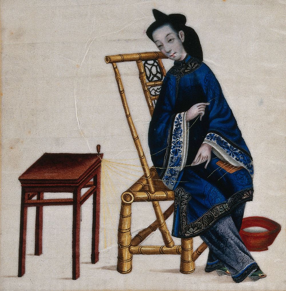 A Chinese woman busy at needlework. Painting by a Chinese artist, ca. 1850.