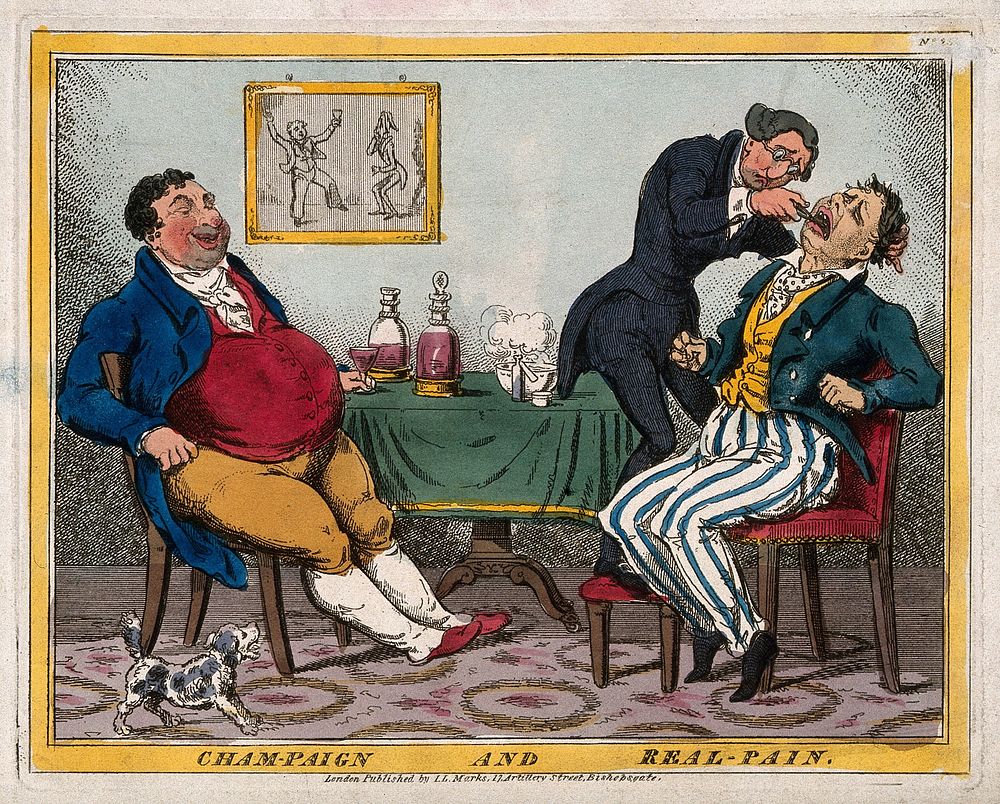 A tooth-drawer extracting a man's tooth while his friend is watching and enjoying a glass of champagne. Coloured etching.