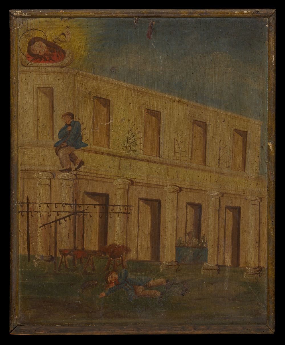 A boy falling off a building. Oil painting.