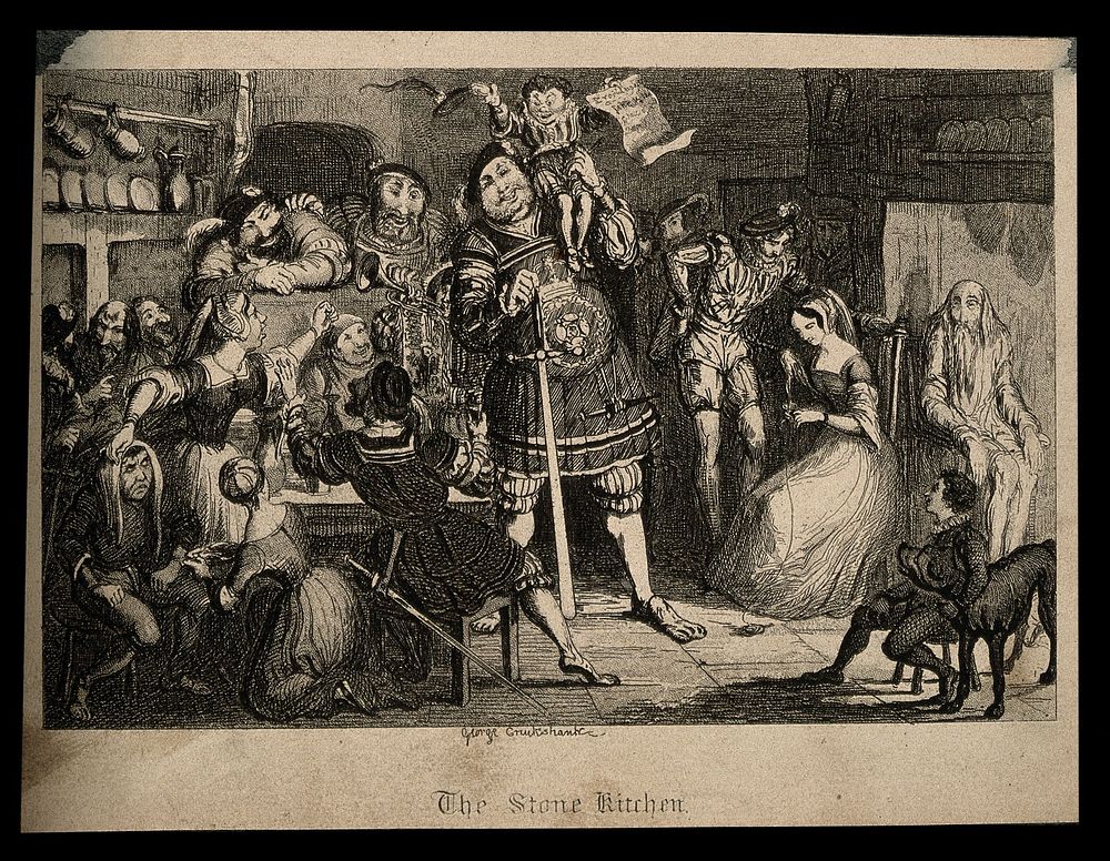 A dwarf on the shoulders of a giant, in a rowdy inn. Etching by G. Cruikshank.