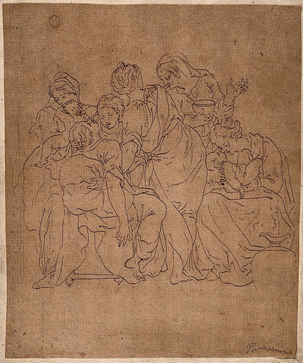 An exhausted woman being held by friends after just giving birth to twins. Pen drawing after G.F.M. Mazzola, il Parmigianino.