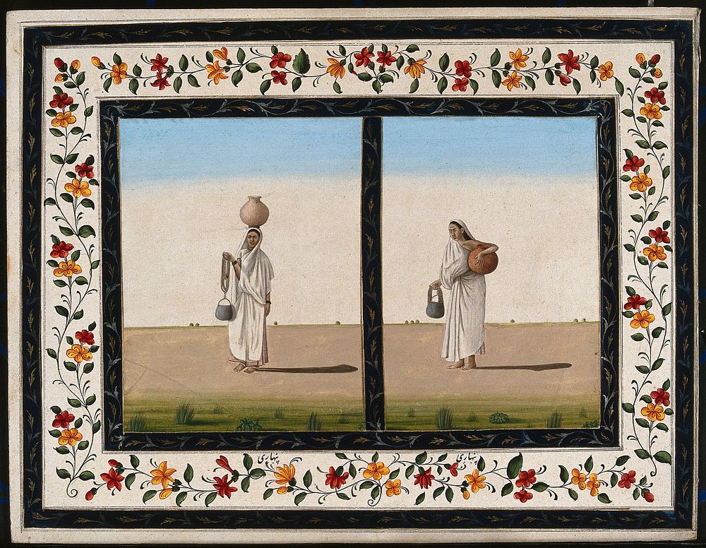 Two Indian women carrying water. Gouache painting by an Indian artist.