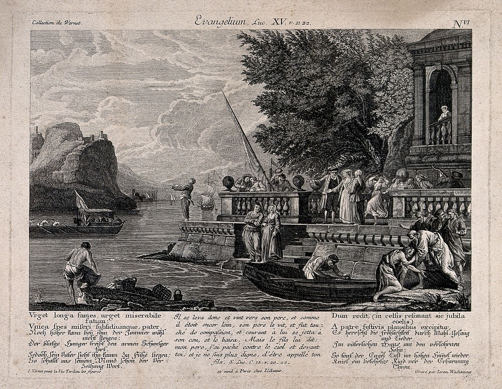 The prodigal son returns home by boat to a large party. Etching by J. Wachsmuth after C.J. Vernet and J.C. Tardieu.