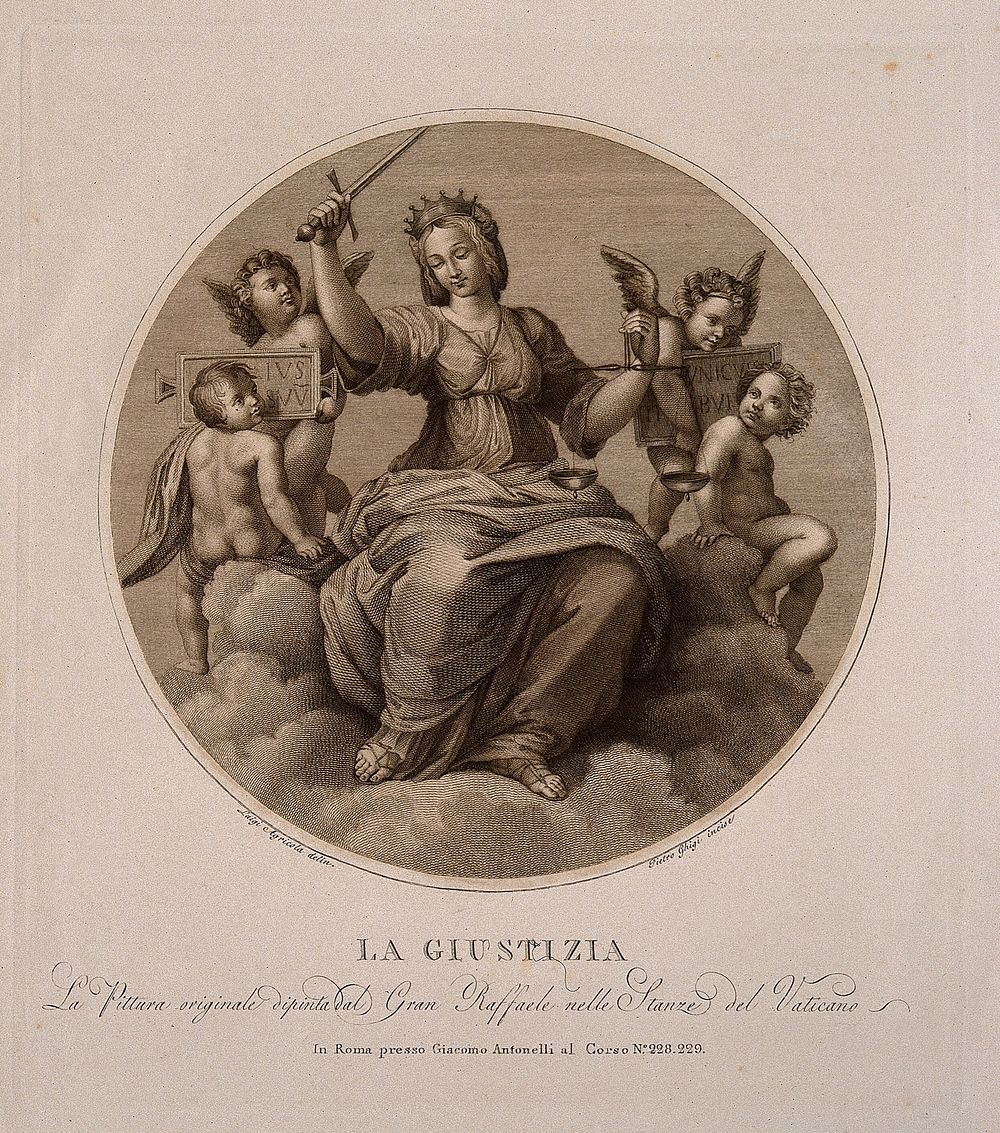 A woman bearing a sword and measuring scales; representing justice. Engraving by P. Ghigi after L. Agricola after Raphael.
