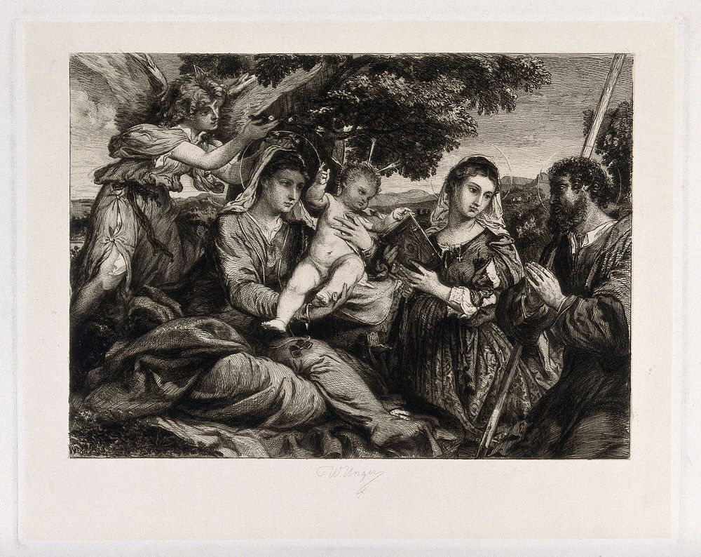 Saint Mary (the Blessed Virgin) with the Christ Child, Saint Joseph, Saint Catherine of Alexandria and an angel. Etching by…