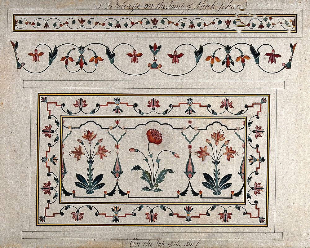 Agra: floral decoration using pietra dura on the tomb of Shah Jahan. Gouache painting by an Indic artist.