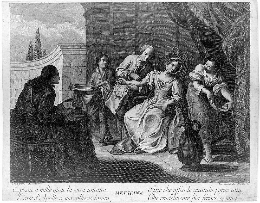 A surgeon bleeding a woman patient's arm, he is assisted by two attendants. Engraving by F. Baretta after P. Mainoto.