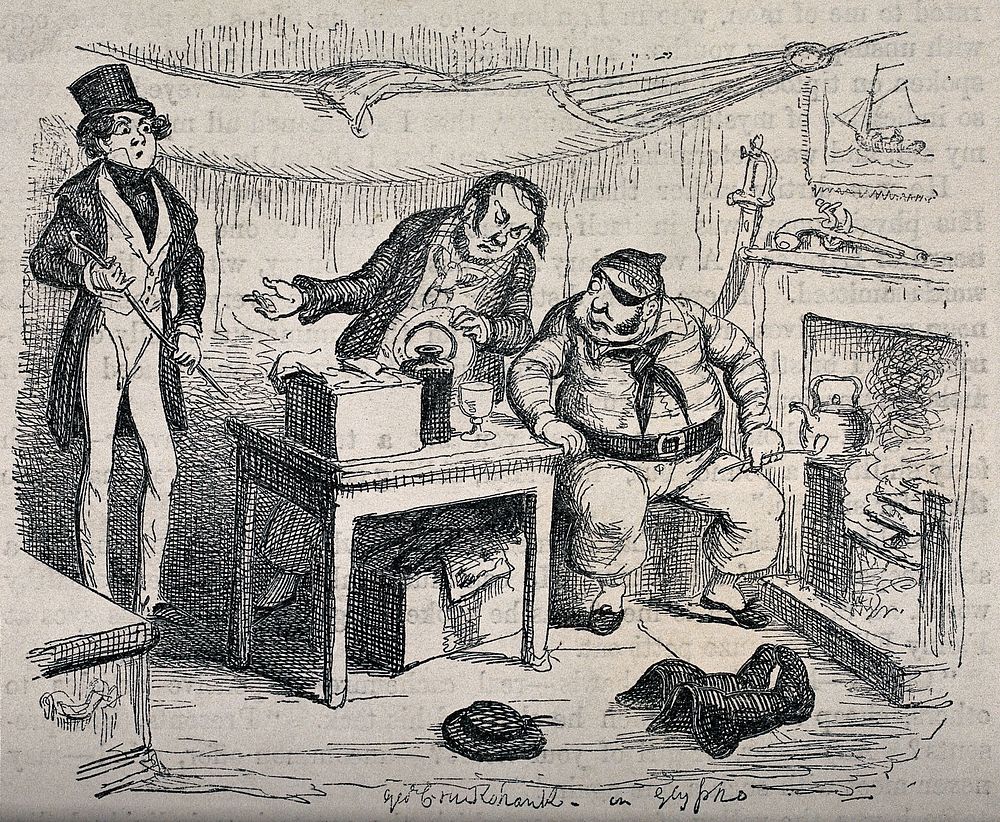 A man with an eye patch and a pipe is talking to two other men. Glyphograph after George Cruikshank.