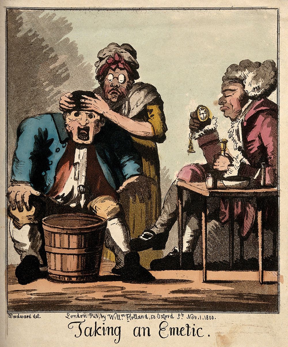 A doctor waiting for his patient to vomit after administering an emetic. Coloured aquatint by G.M. Woodward, 1800.
