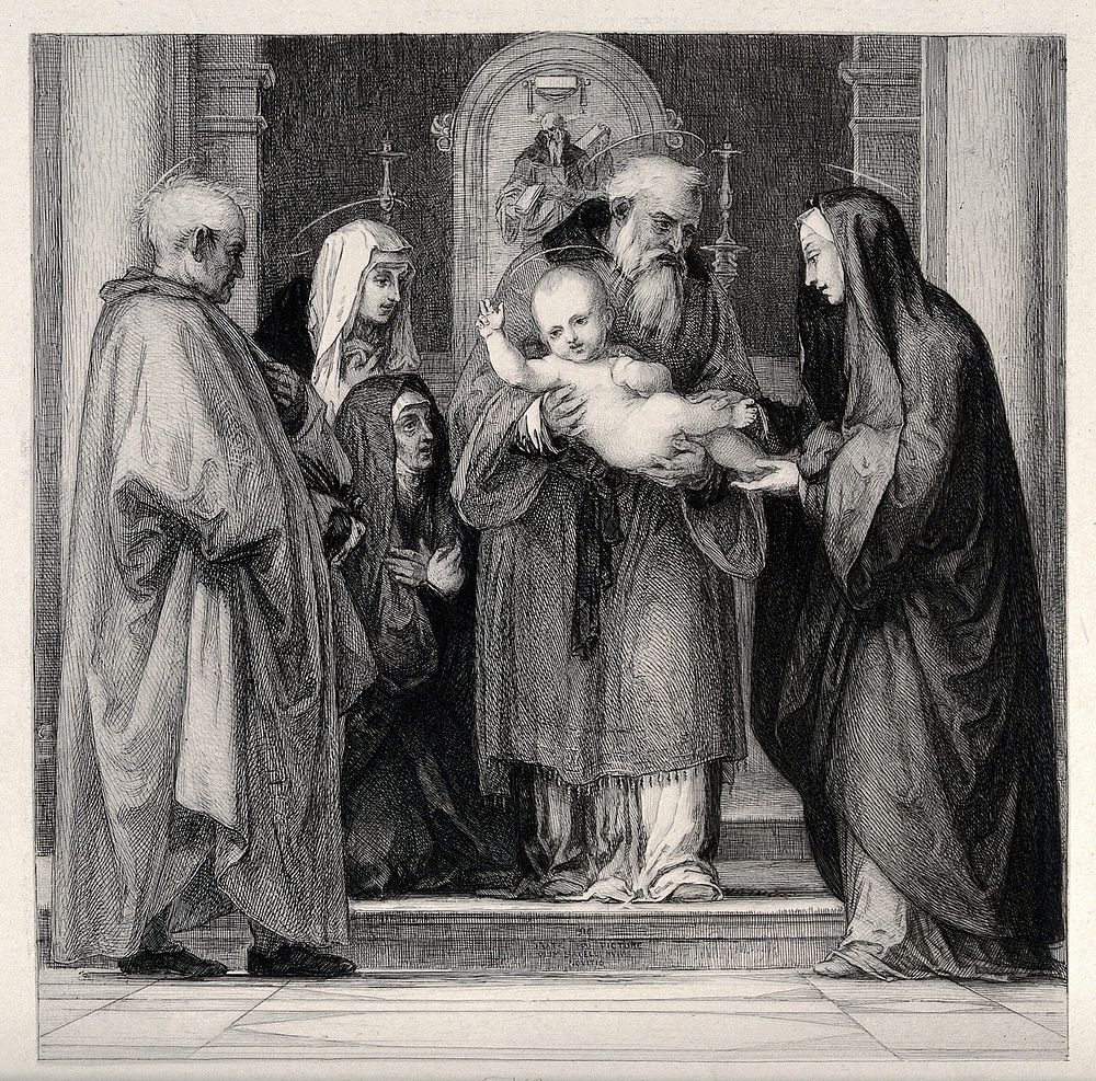 The presentation of Jesus at the Temple. Etching by W. Unger after F. Bartolommeo.