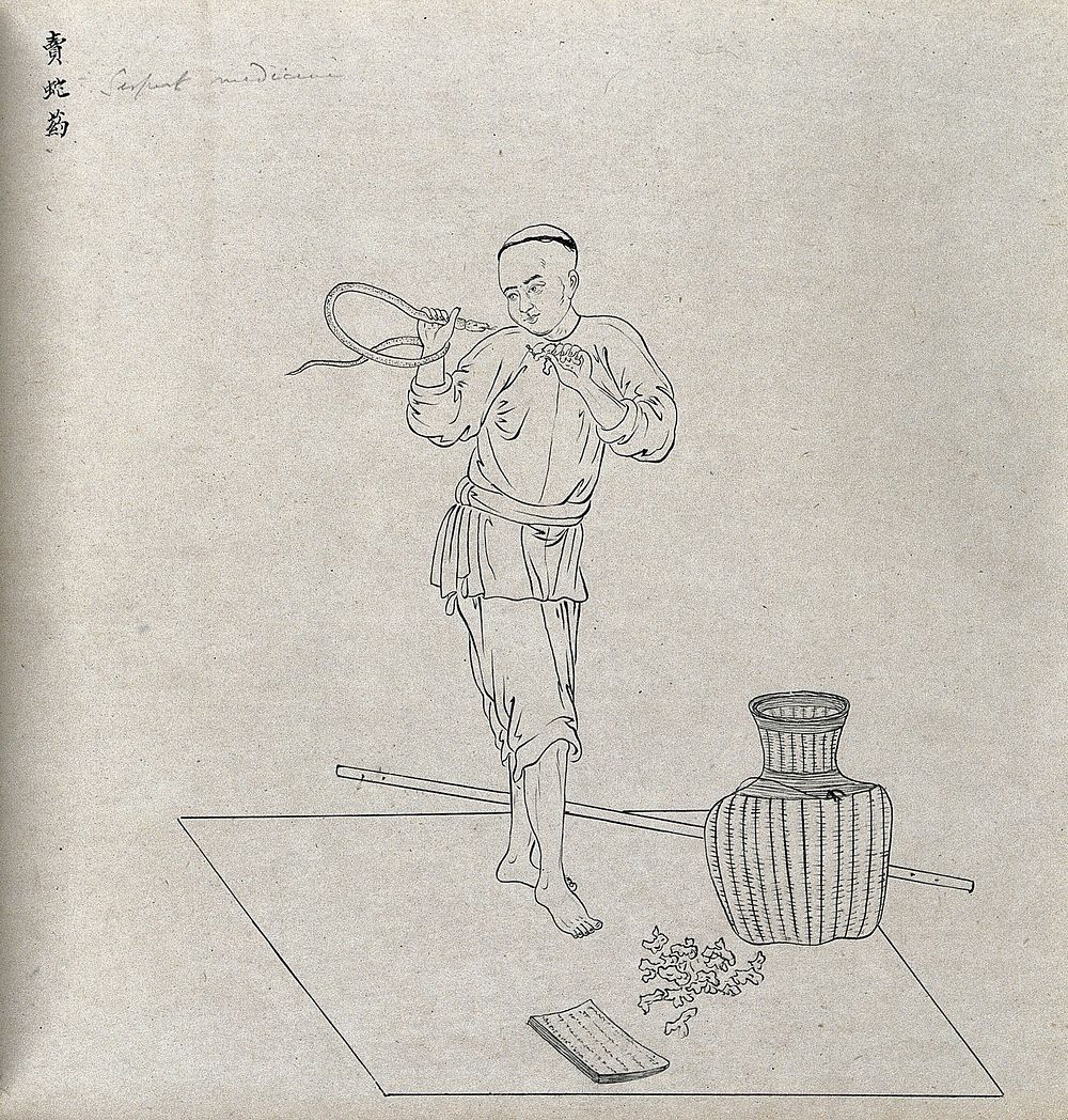 A Chinese seller of a snake antidote. Drawing by a Chinese artist, ca. 1850.