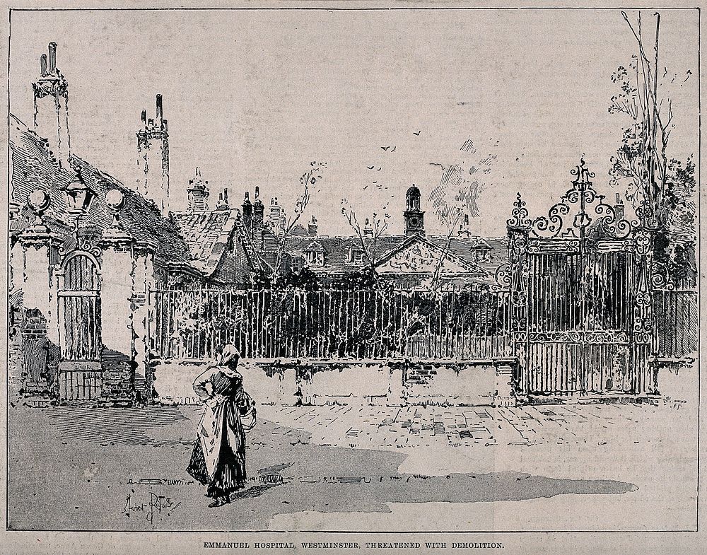 Emanuel Hospital, Tothill Fields, Westminster. Process print, c.1893, after a drawing by H. Railton.