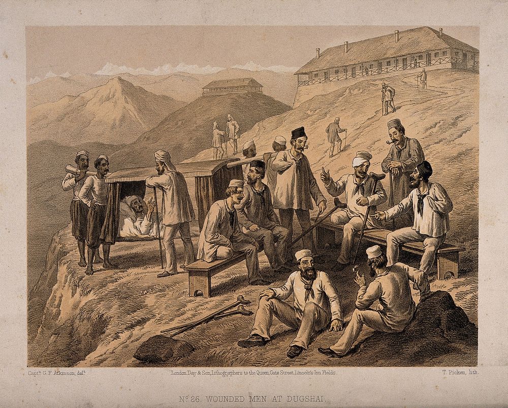 Indian Rebellion: wounded soldiers convalescing at Dagshai, India. Tinted lithograph by T. Picken, 1859, after G.F. Atkinson.
