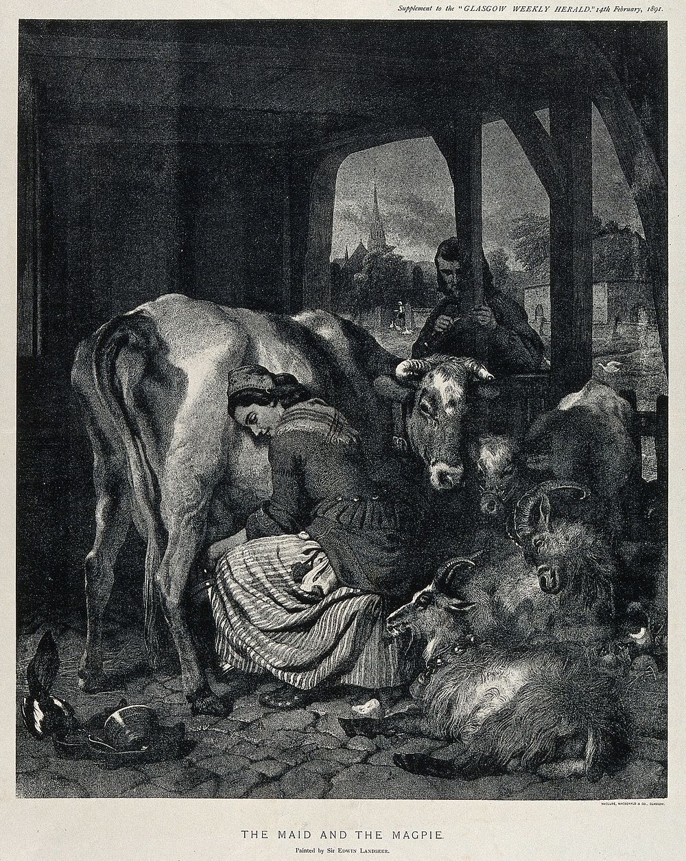 A maid is milking a cow surrounded by goats and a calf while a man watches the scene and a magpie is playing with the cow's…