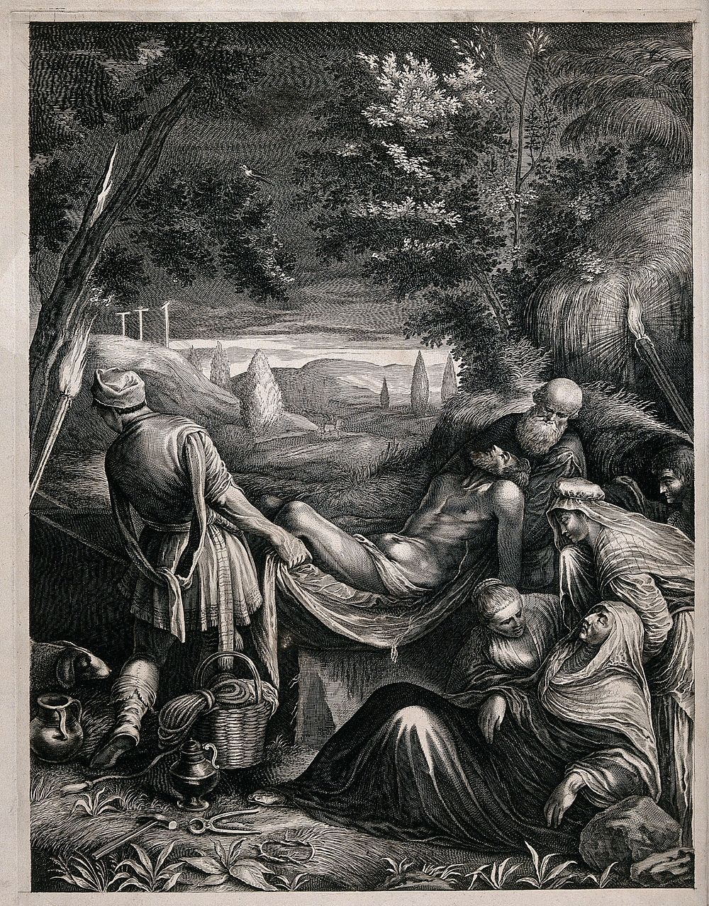 The deposition of the body of Christ. Engraving attributed to J. Falck, 1655/1660, after J. Bassano.
