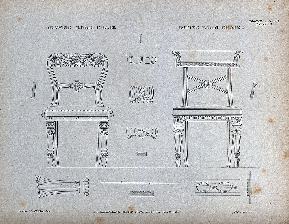 Cabinet-making: two chairs. Engraving by E. Turrell after H. Whitaker, 1848.