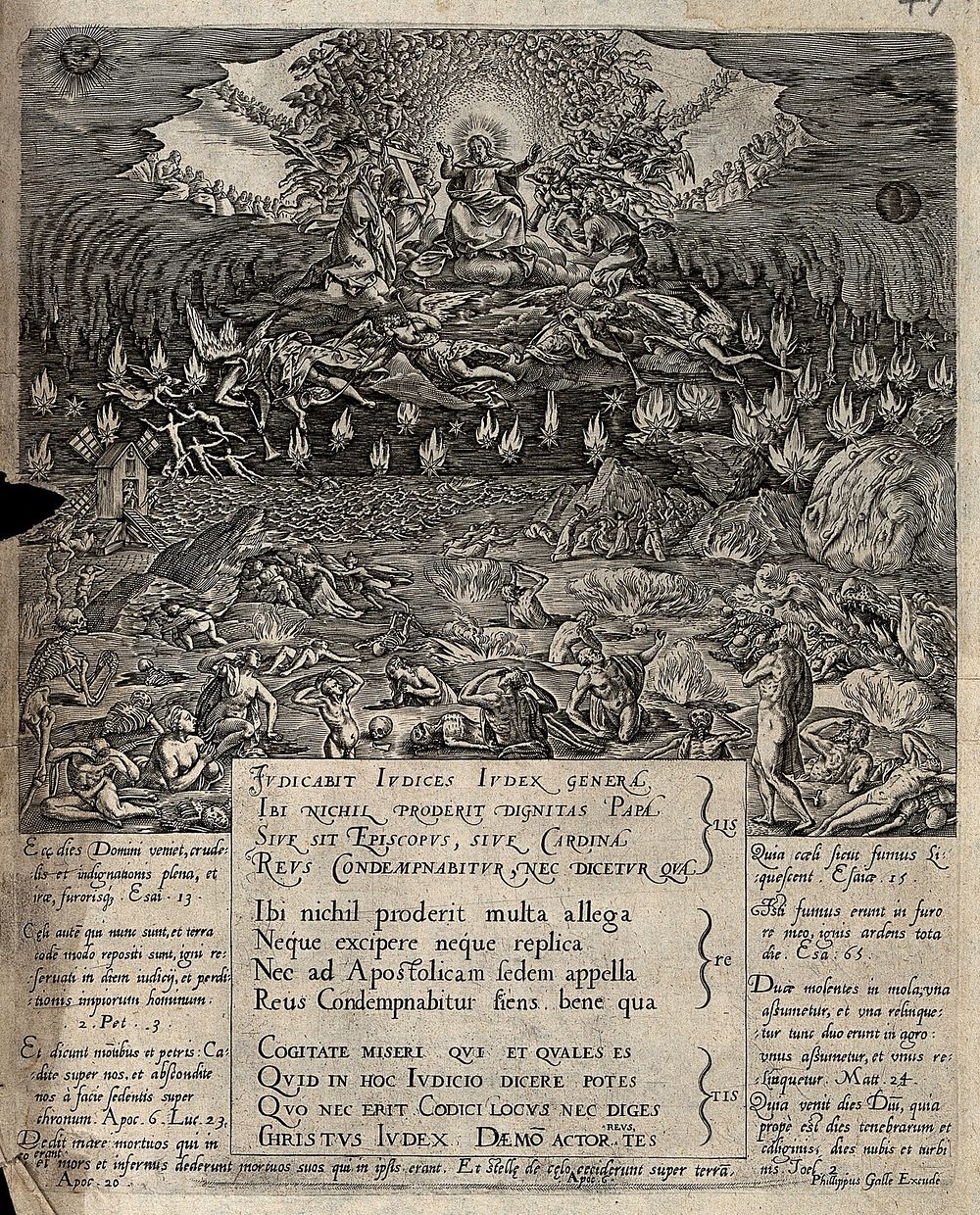 The heavens open on the day of judgement; Christ appears above the coast of the Netherlands. Engraving, 16th century.