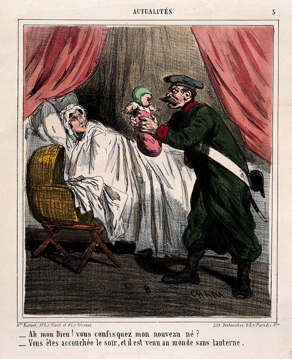 A soldier confiscates a baby from its mother in the night, because the baby has violated the curfew. Coloured lithograph by…