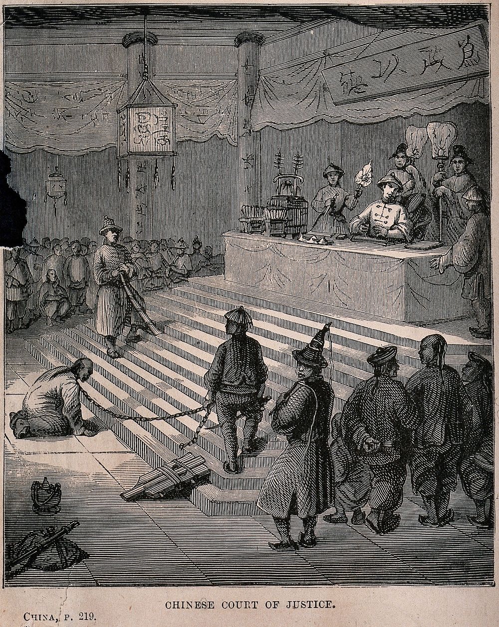 A man kneeling in front of a judge at a Chinese court of justice. Wood engraving after E. Vaumort.