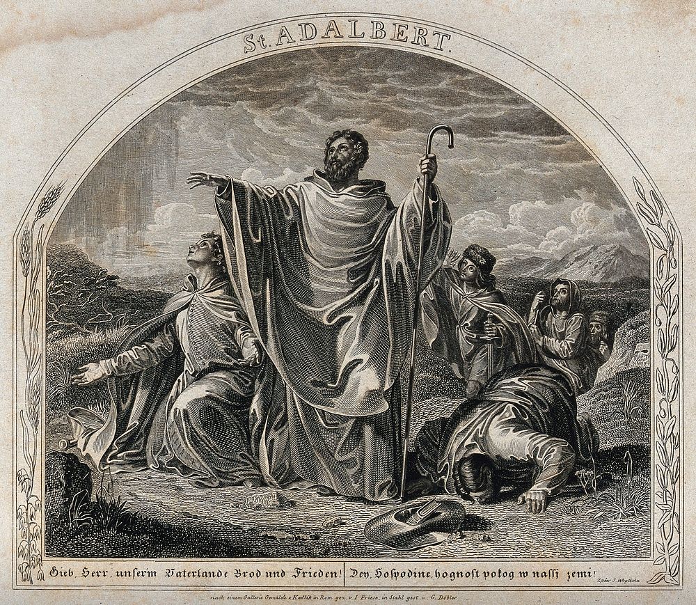 Saint Adalbert prays for bread and peace for Bohemia. Engraving by G. Döbler after J. Friese after F. Kadlik.