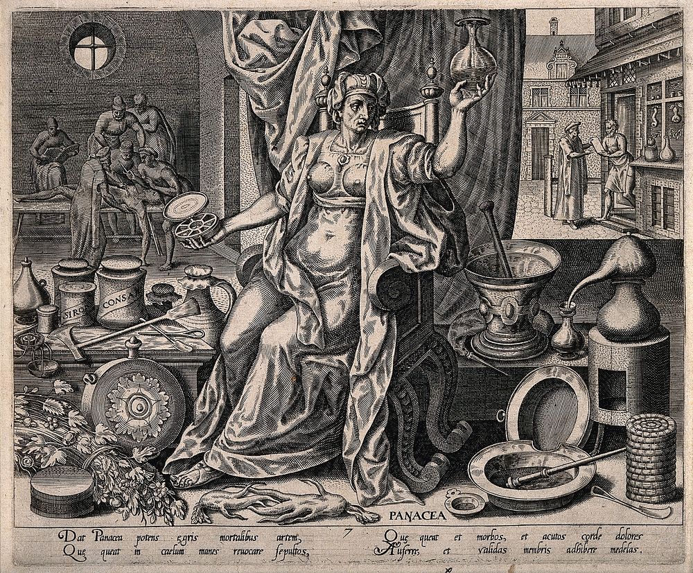 Panacea, daughter of Æsculapius, examining a urine flask and surrounded by medical paraphernalia. Engraving by P. Galle .