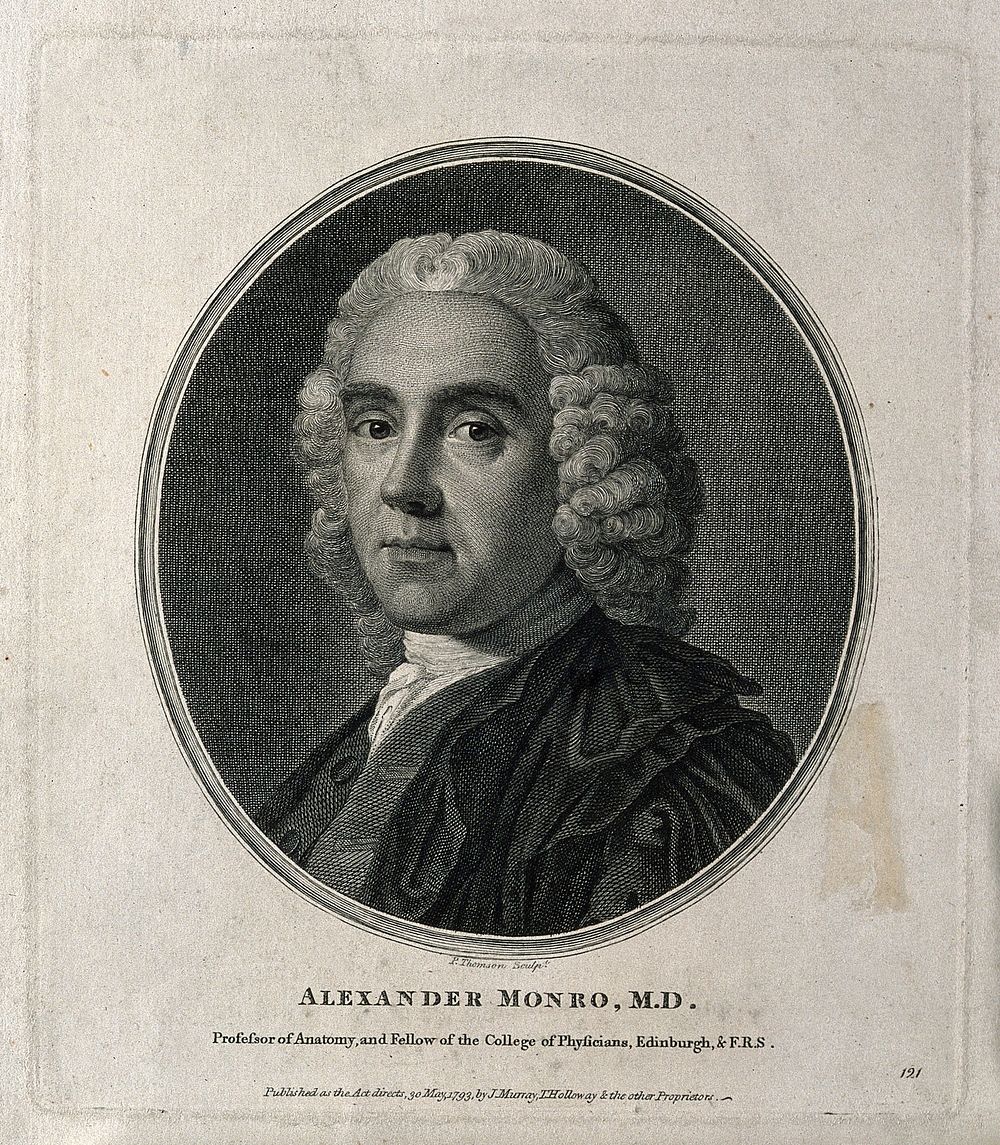Alexander Monro. Line engraving by P. Thomson, 1793, after A. Ramsay, 1749.