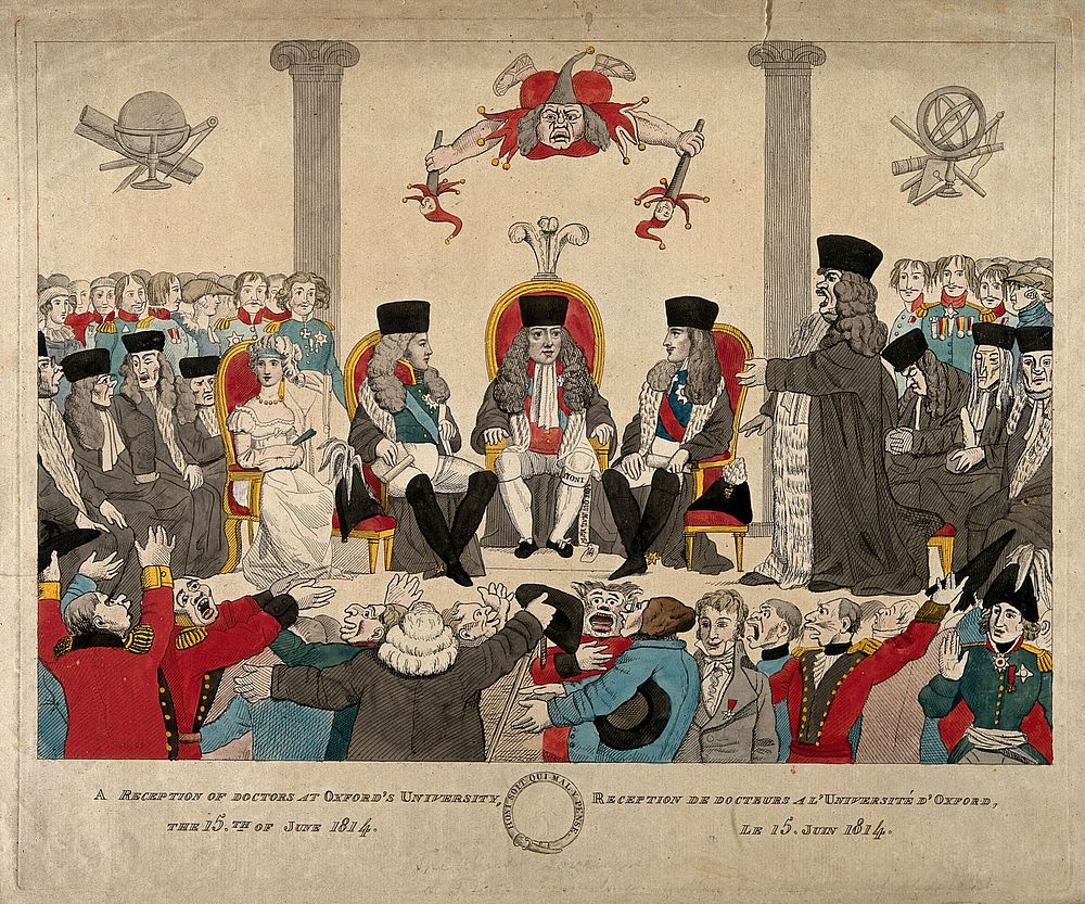Conferment of degrees on the Tsar and the King of Prussia at Oxford in 1814. Coloured engraving.
