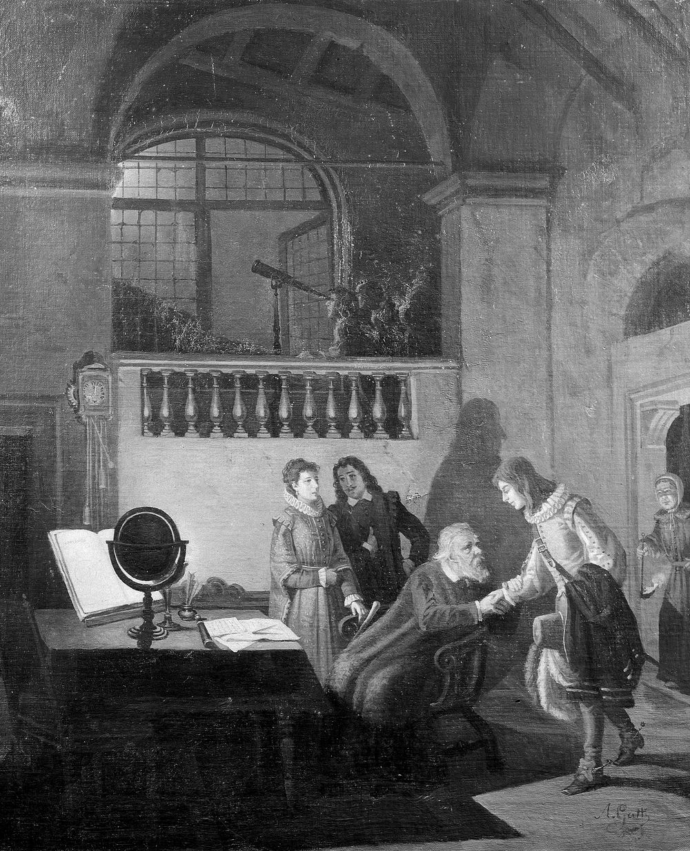 Galileo Galilei receiving John Milton. Oil painting by Annibale Gatti.
