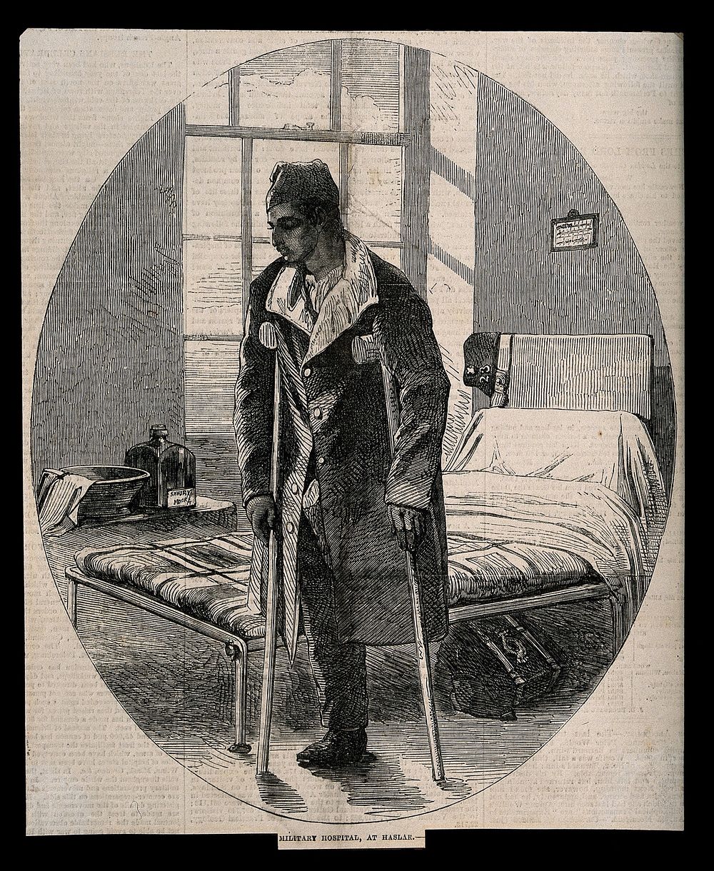 Royal Hospital Haslar: a soldier on crutches with an amputated leg, wounded after the Battle of the Alma. Wood engraving…