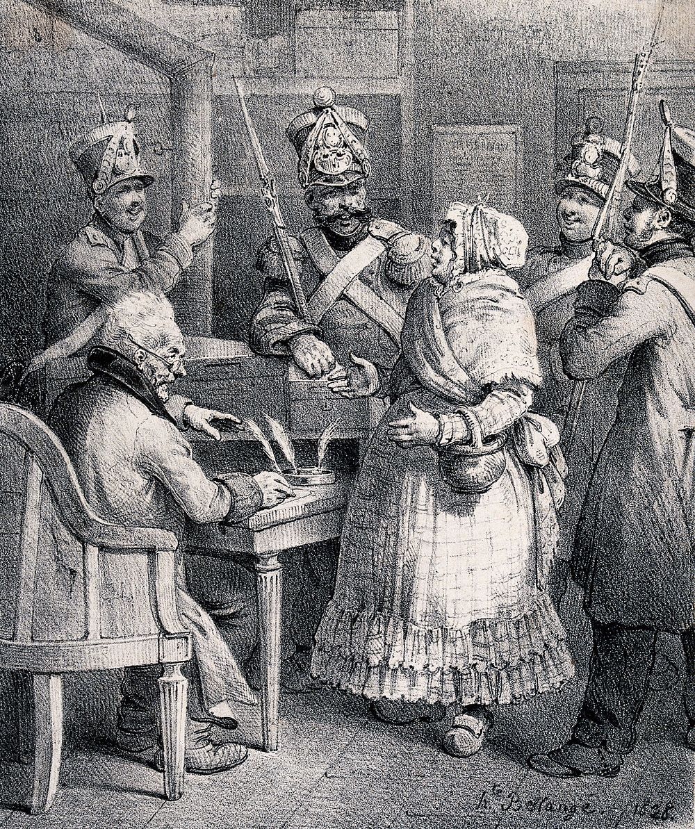 A woman with a basket on her arm is talking to soldiers and an old man gathered around a table. Lithograph by Joseph Louis…