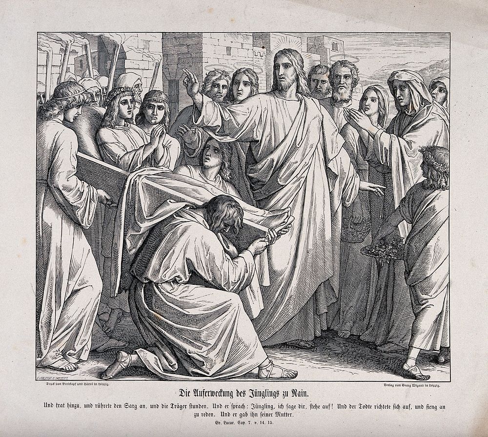 Christ raises the widow's son from the dead. Wood engraving by F. Obermann.
