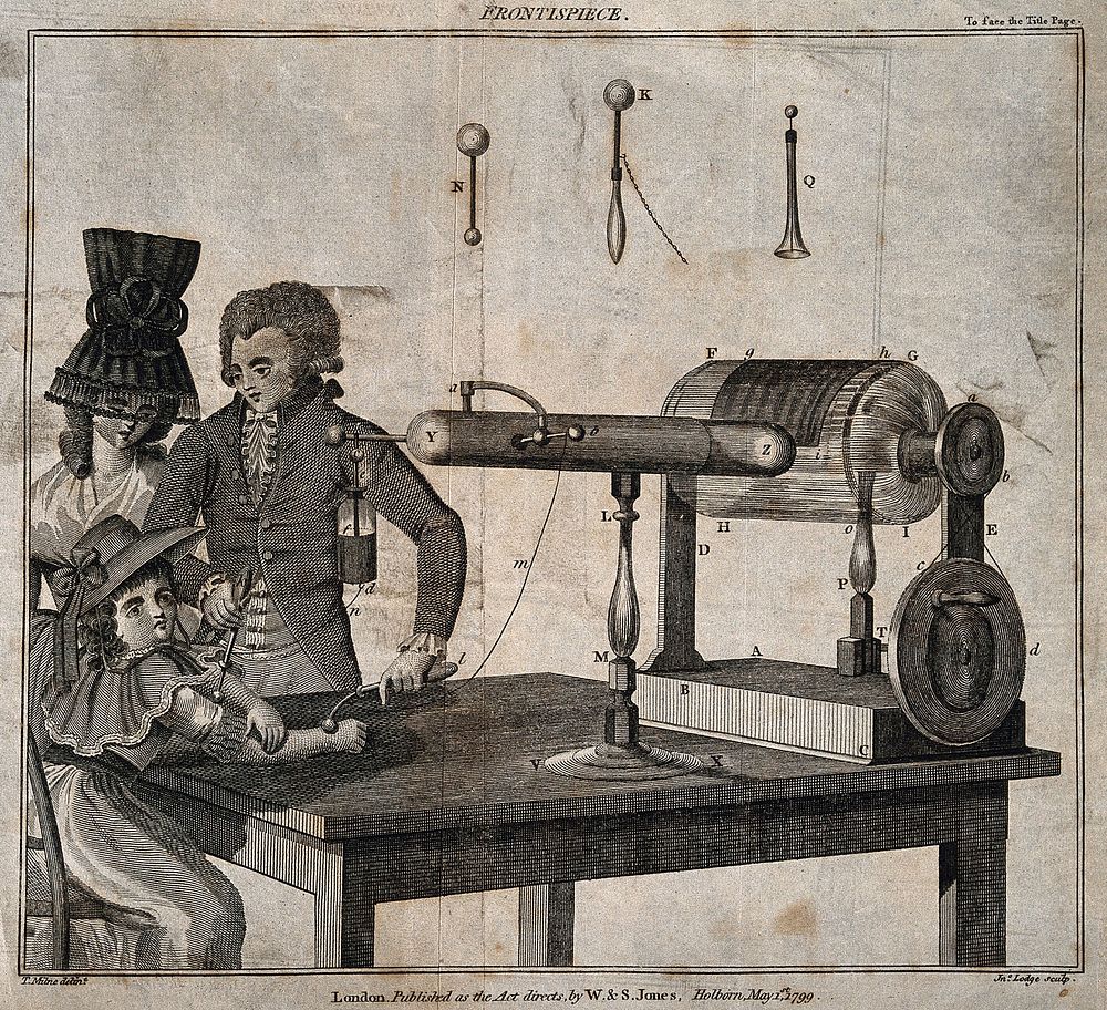 George Adams demonstrates his electrotherapy machine to a woman and her daughter. Line engraving by J. Lodge, 1799, after T.…