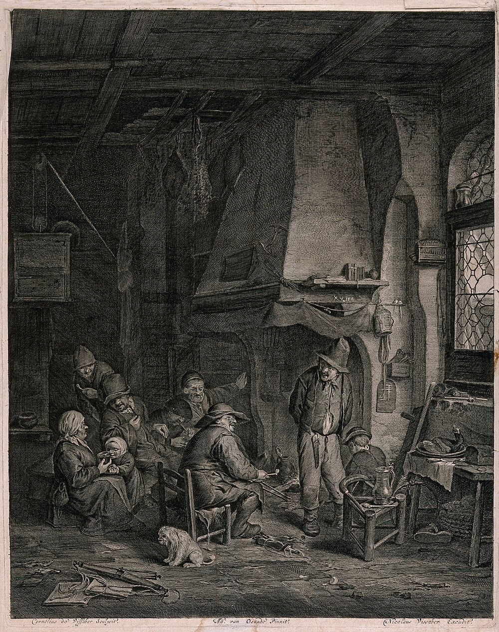 A family gather indoors round a large open fireplace talking and smoking. Engraving by C. de Visscher after A. van Ostade…